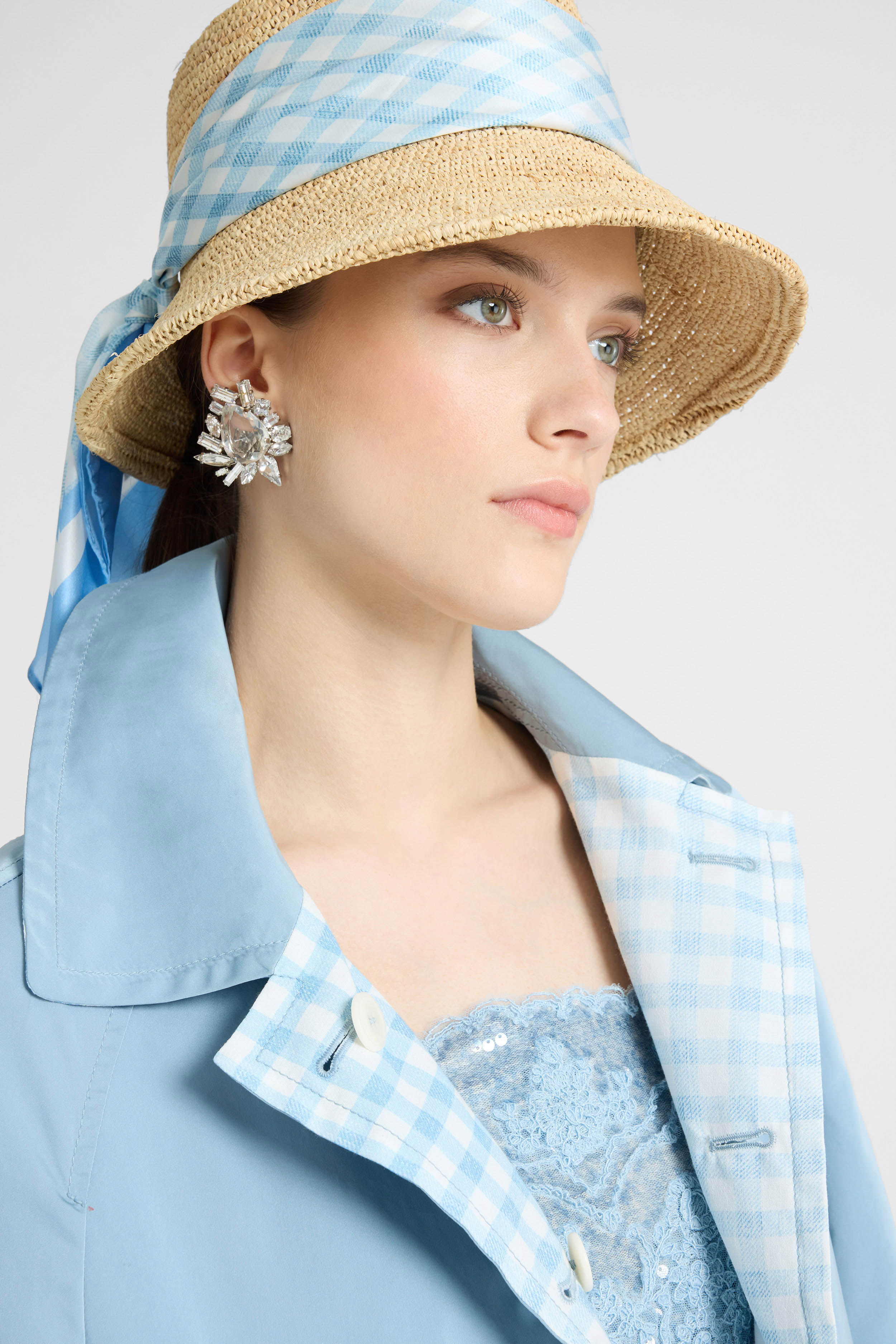 Wide-Brim Hat with Silk Scarf in White and Blue Vichy Print - Image 2