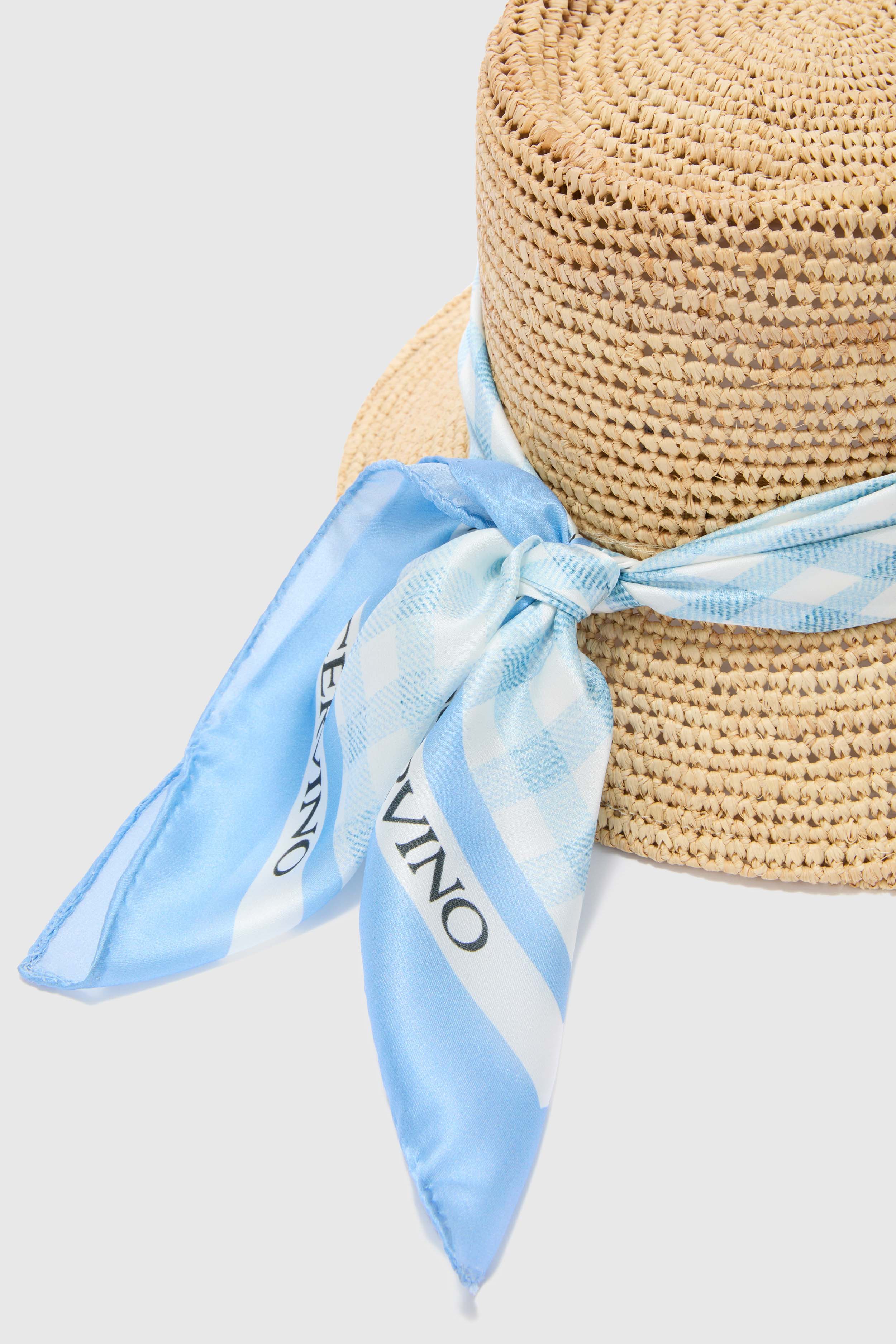 Wide-Brim Hat with Silk Scarf in White and Blue Vichy Print - Image 3