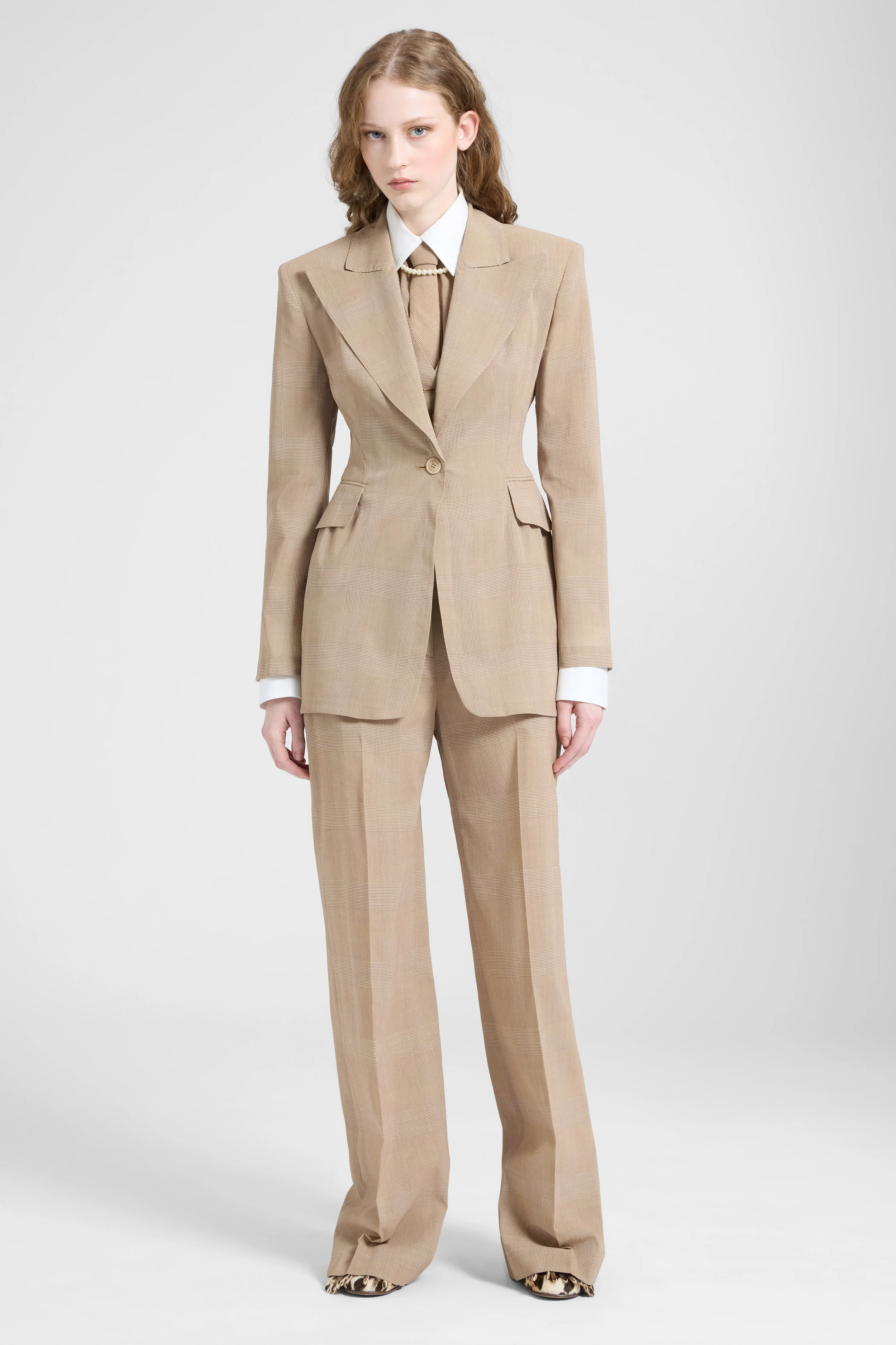 Wide-leg trousers in technical georgette with Glen check print – beige - Image 2