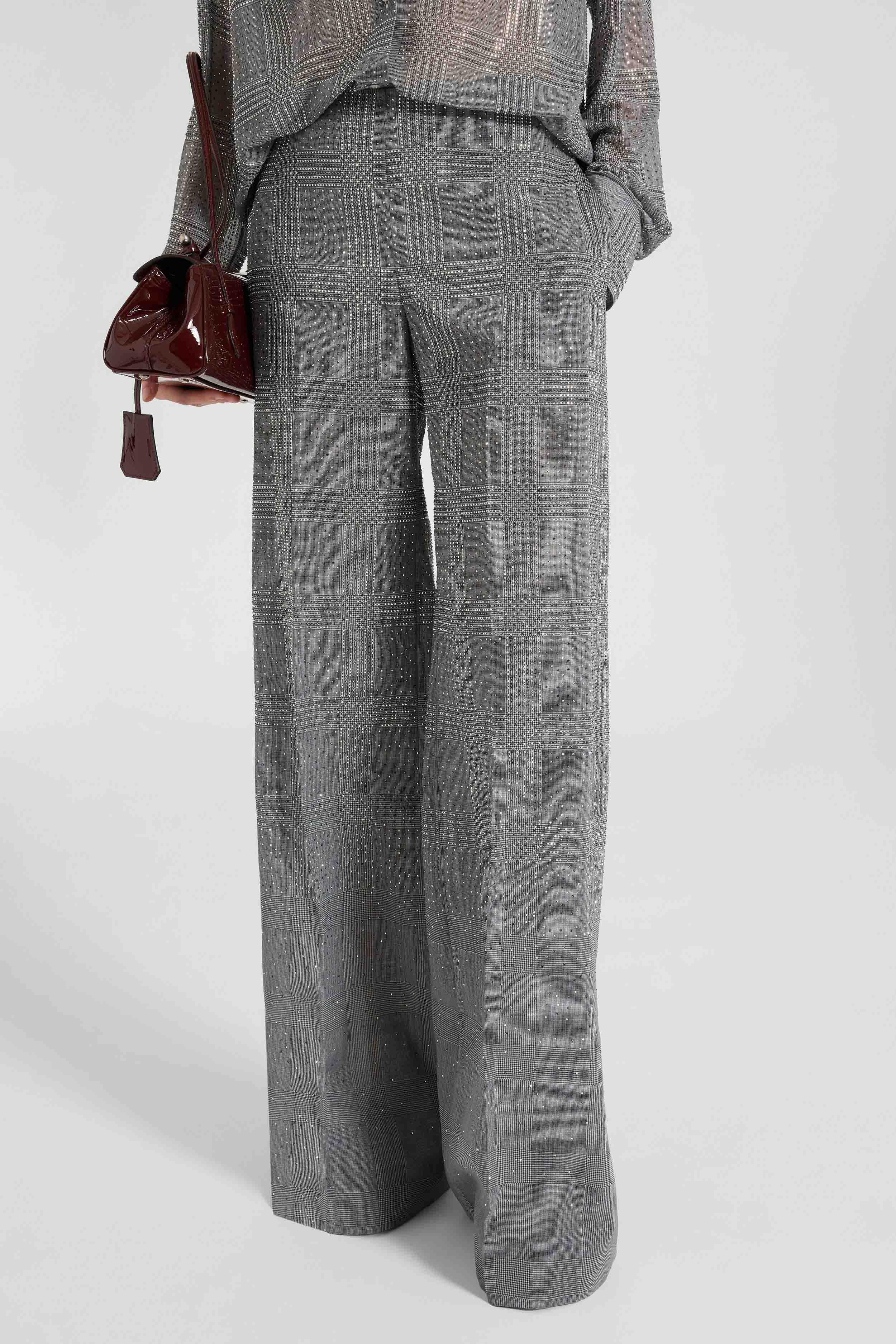 Wide-leg trousers in technical georgette with Glen check print and hand-applied crystals - Image 3