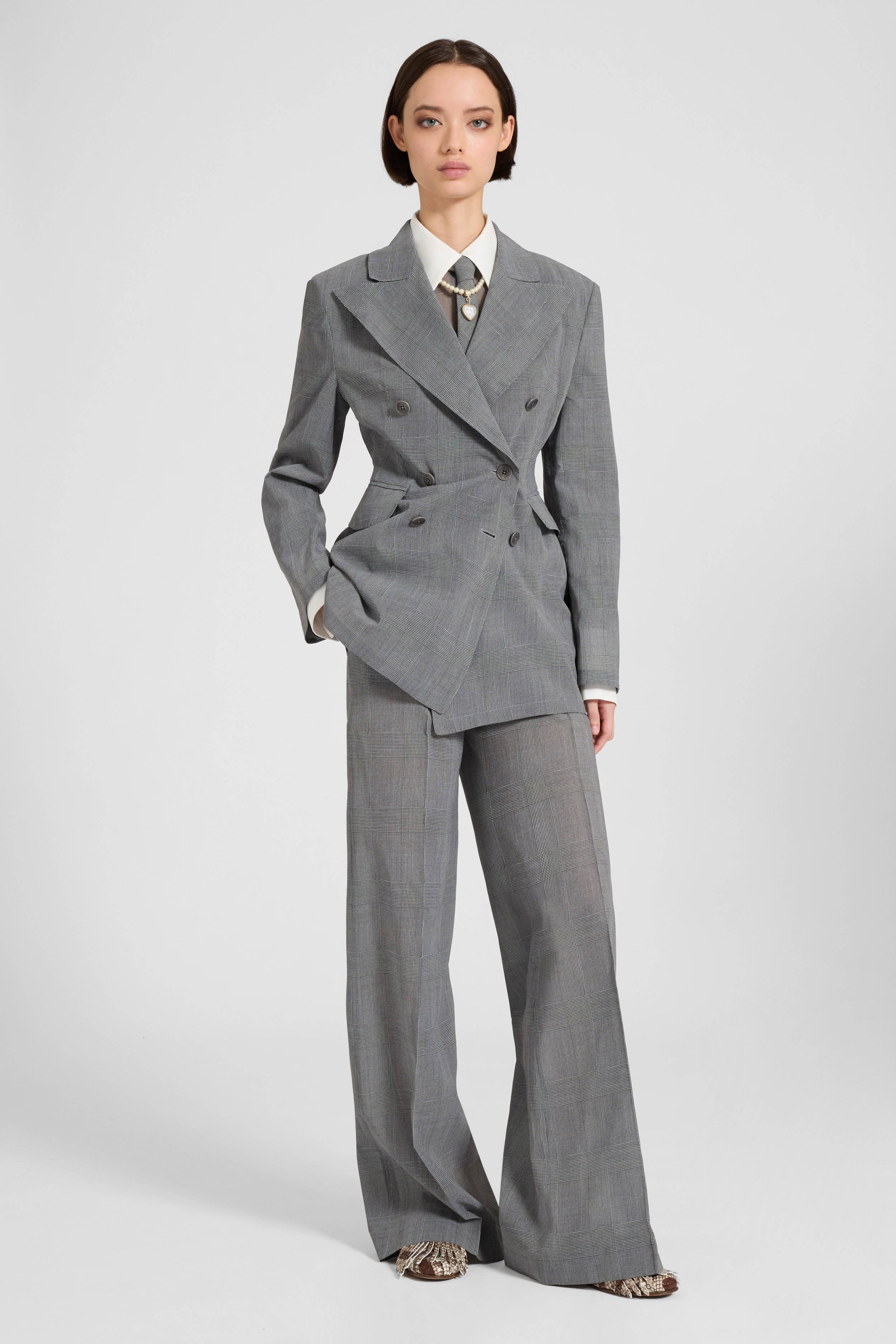 Wide-leg trousers in technical georgette with Glen check print - Image 2