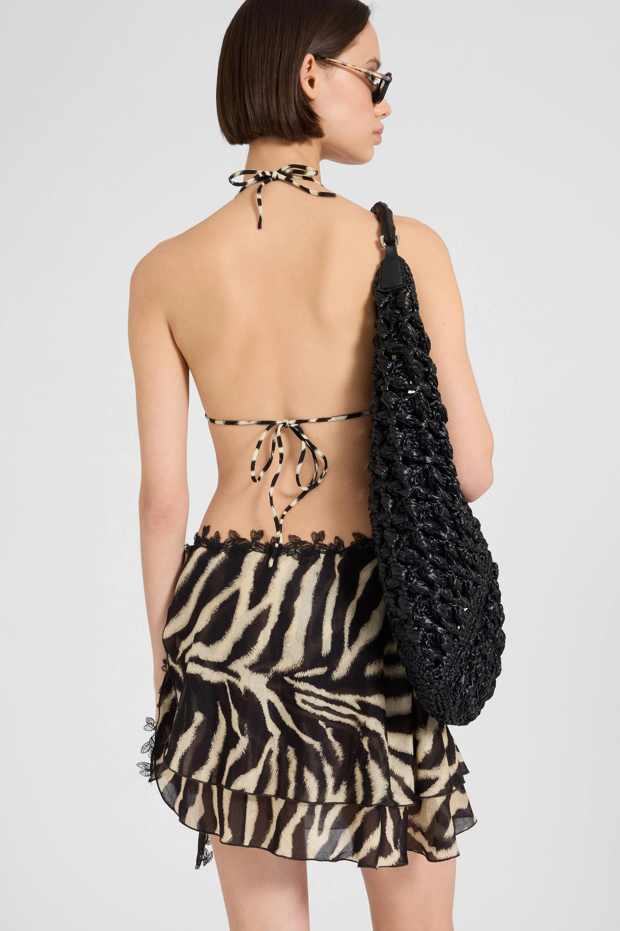 Zebra-print cotton and silk pareo mini skirt with rebrodé lace - Image 4
